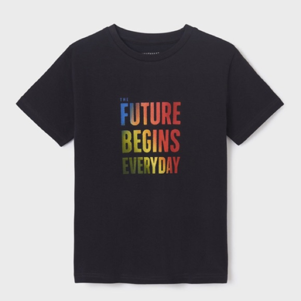 Size 12 Boys Mayoral Black Tee with Multicolor Text